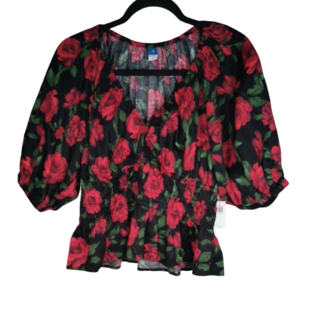 Black Floral Peasant Blouse with Red Roses
